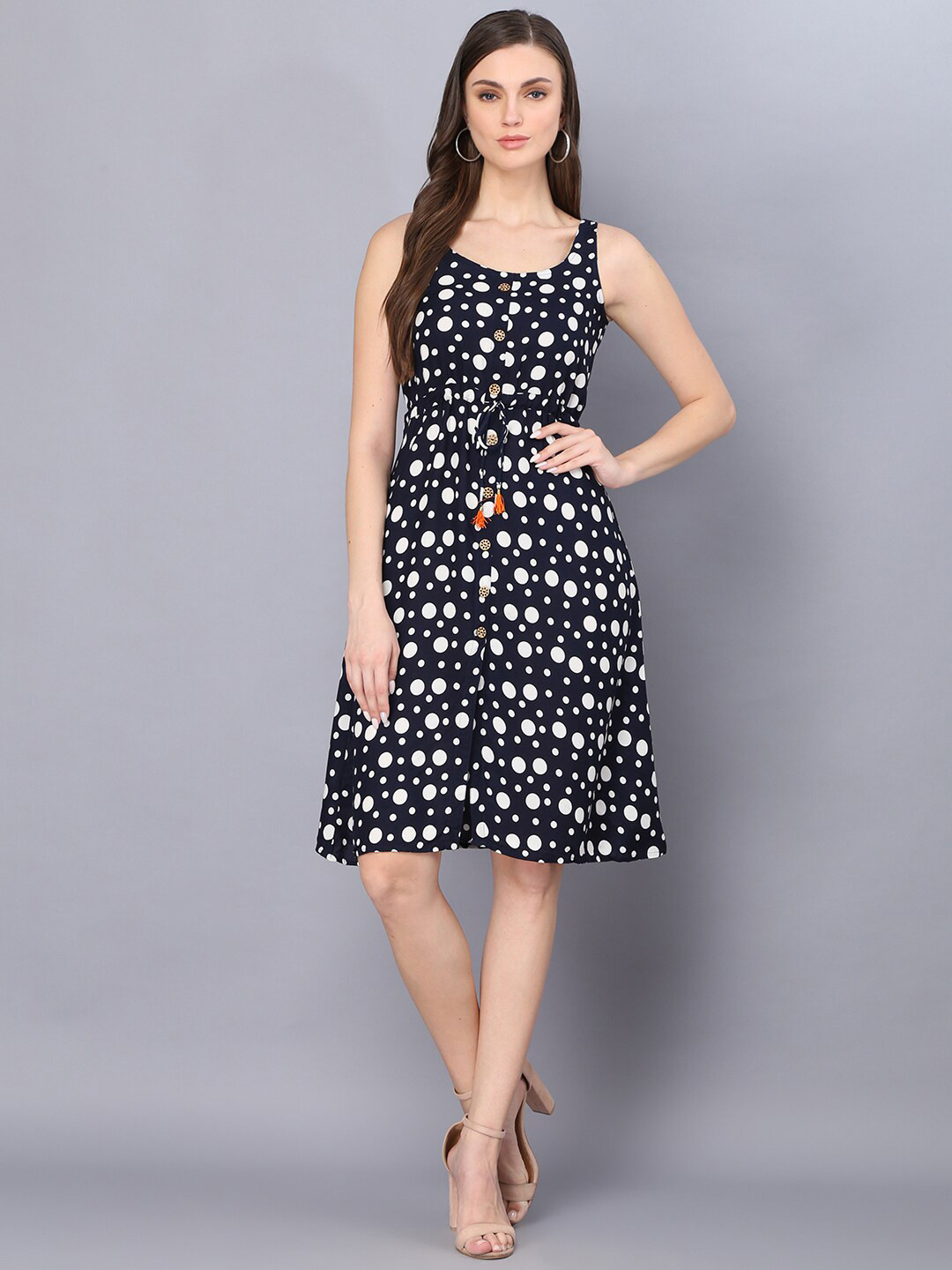 God Bless Women Printed Polka Dots Sleeveless Blue Dress