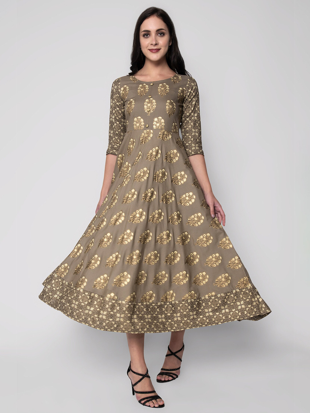 God Bless Grey Ethnic Motifs A-Line Midi Dress