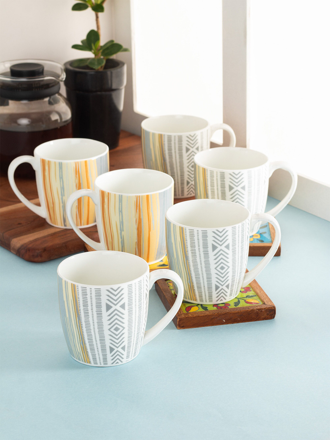 CLAY CRAFT White Abstract Ceramic Microwave Safe 6 Piece Mugs-180ml