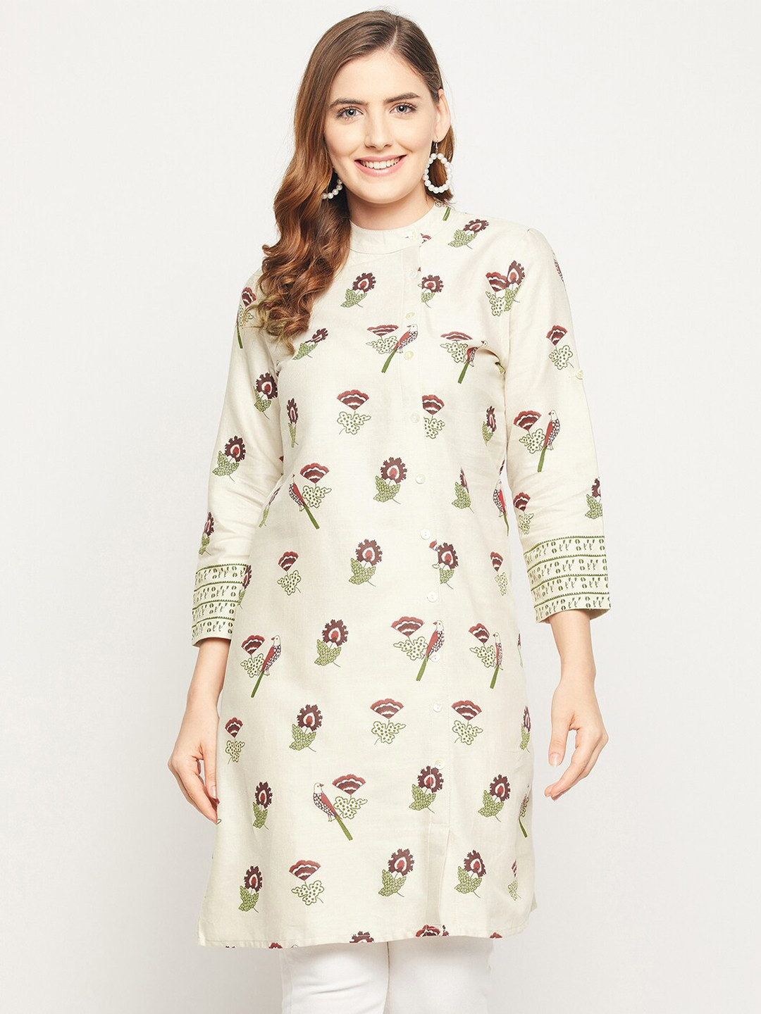 Ruhaans Women's Beige & Purple Mandarin Collar Printed Tunic