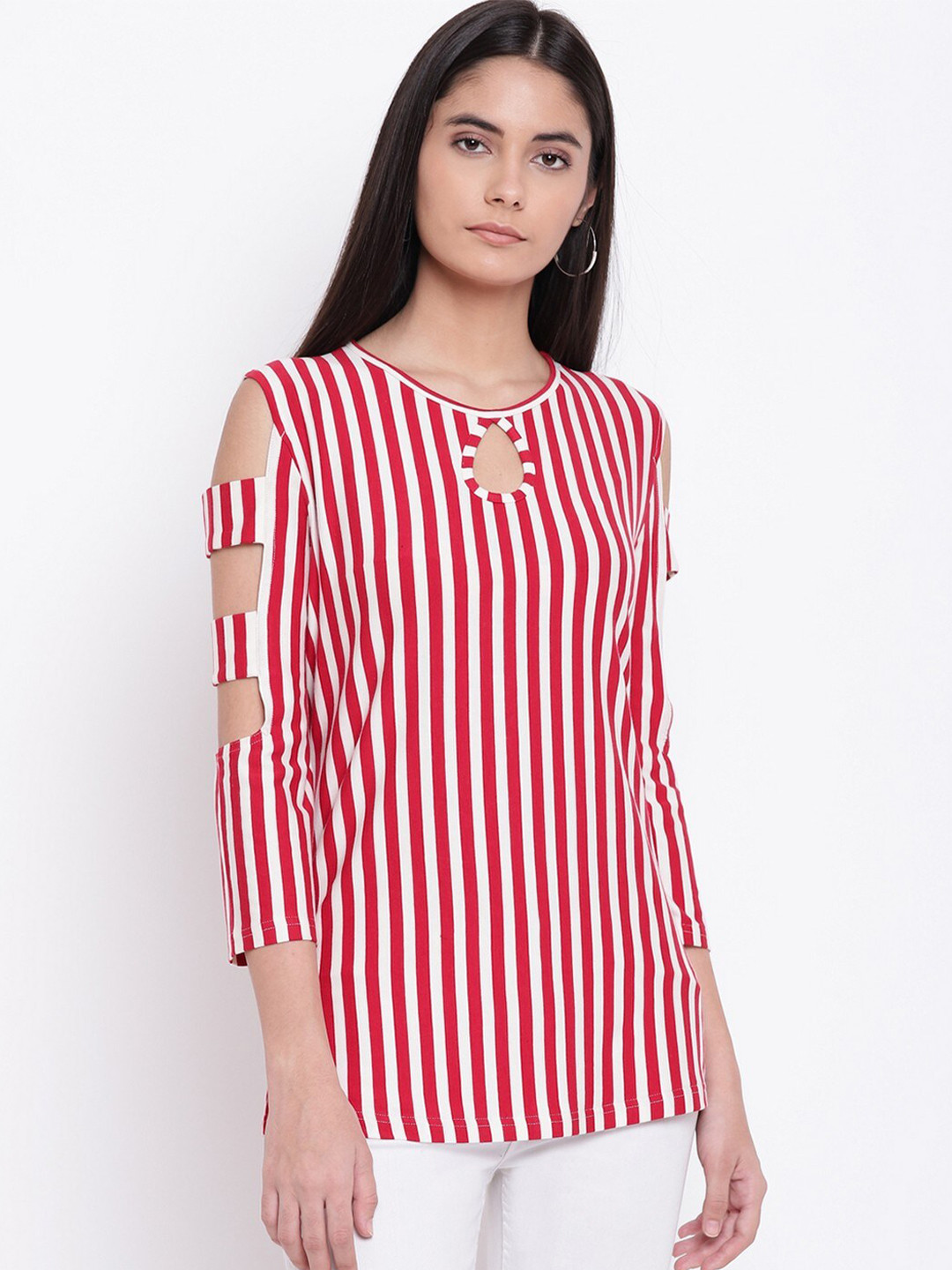 RIVI Women Red & White Striped Keyhole Neck Bohemian Pure Cotton Top