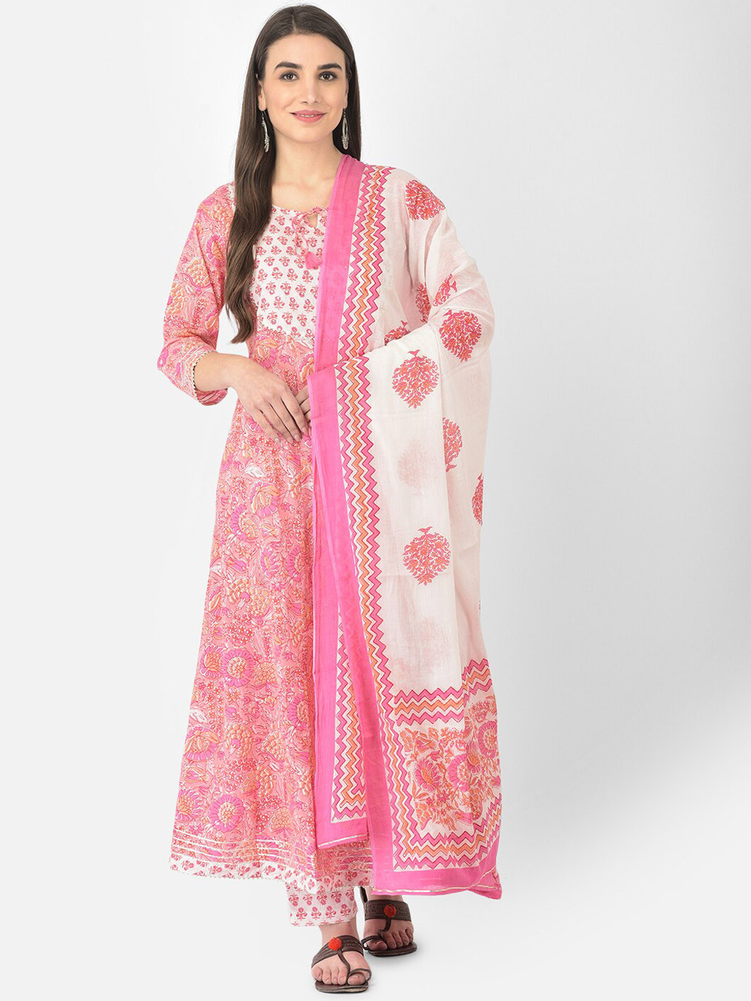 Pistaa Women Pink Floral Printed Gotta Patti  Kurta Set with Trousers & With Dupatta