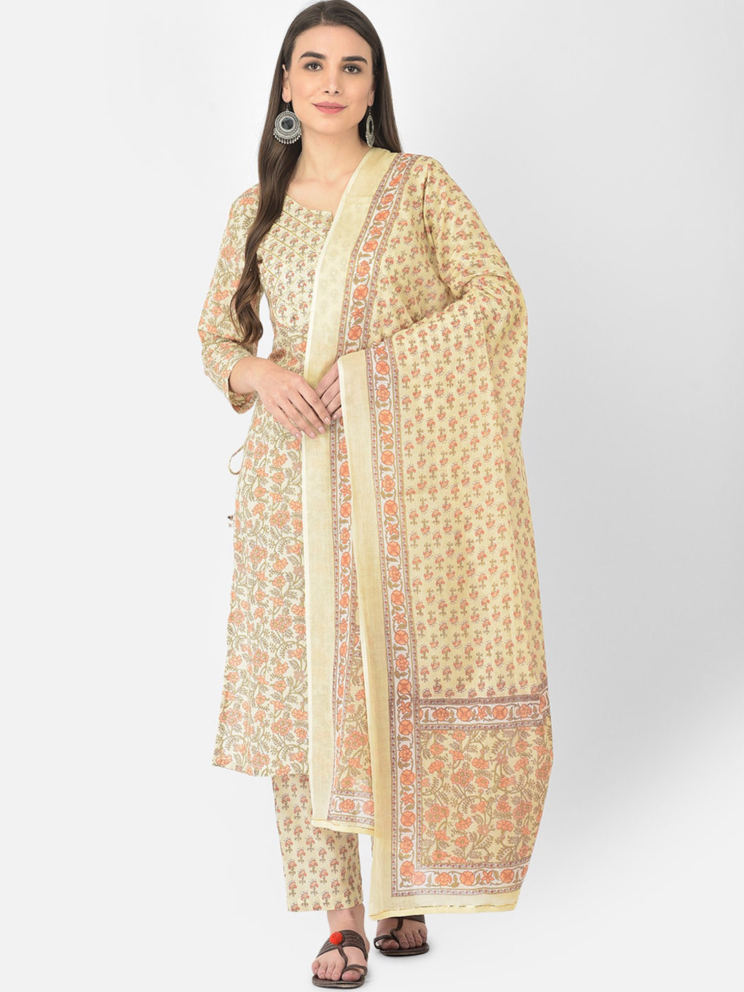 Pistaa Women Cream-Coloured Floral Printed Pure Cotton Kurta with Trouser & Dupatta
