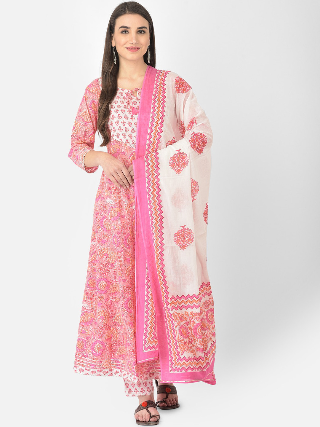 Pistaa Women Pink Floral Printed Pure Cotton Kurta with Trouser & Dupatta