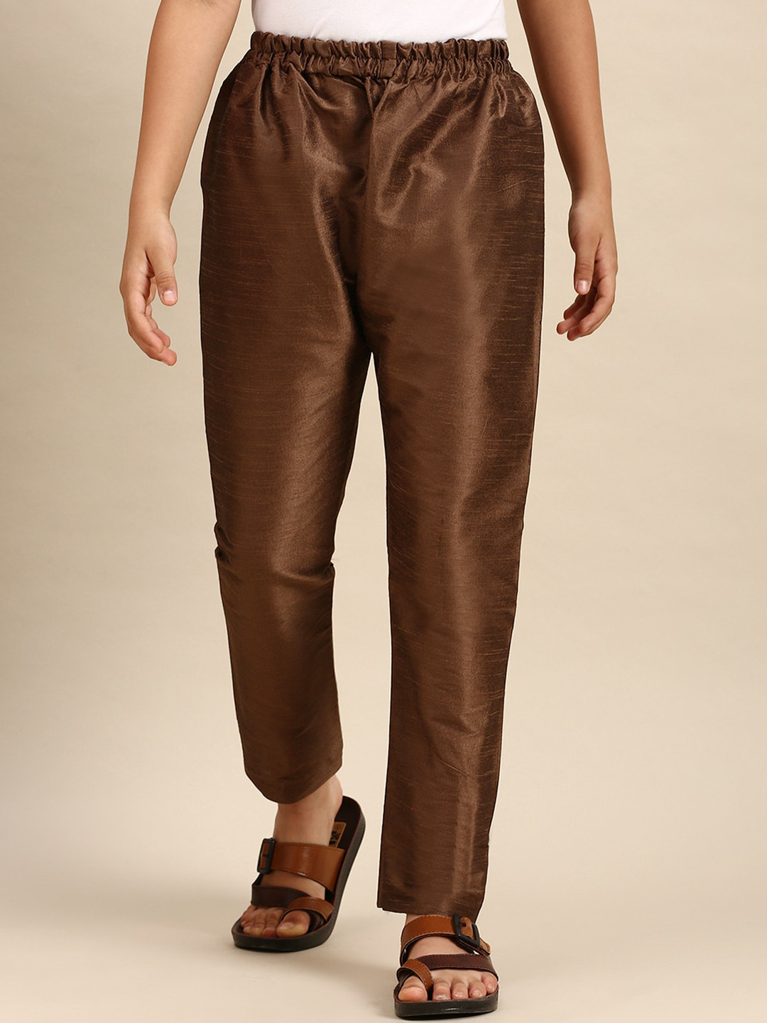 Here&Now X Sanwara Boys Brown Solid Art Silk Pyjama