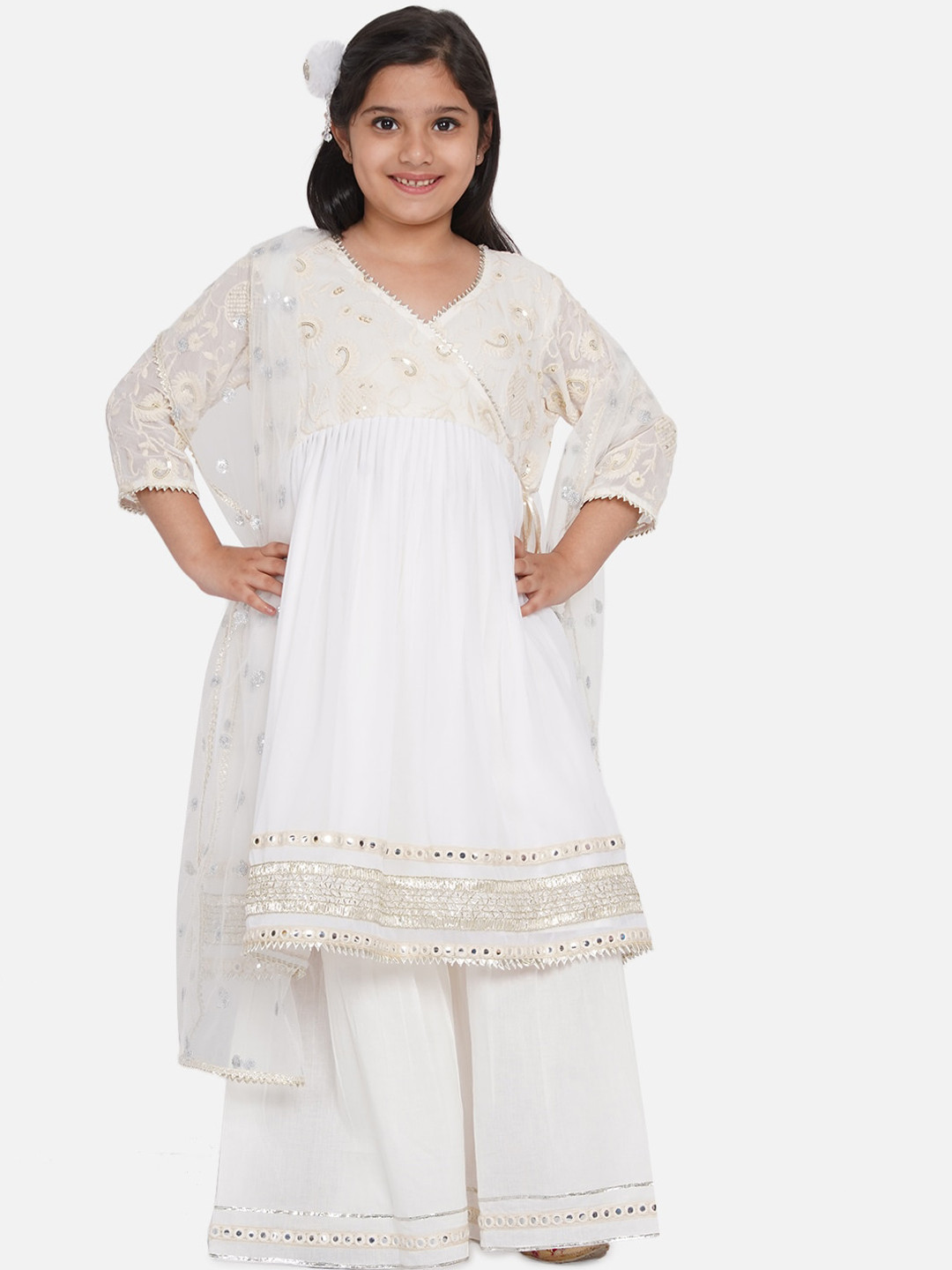 Little Bansi Girls White Floral Embroidered Angrakha Mirror Work Pure Cotton Kurta set