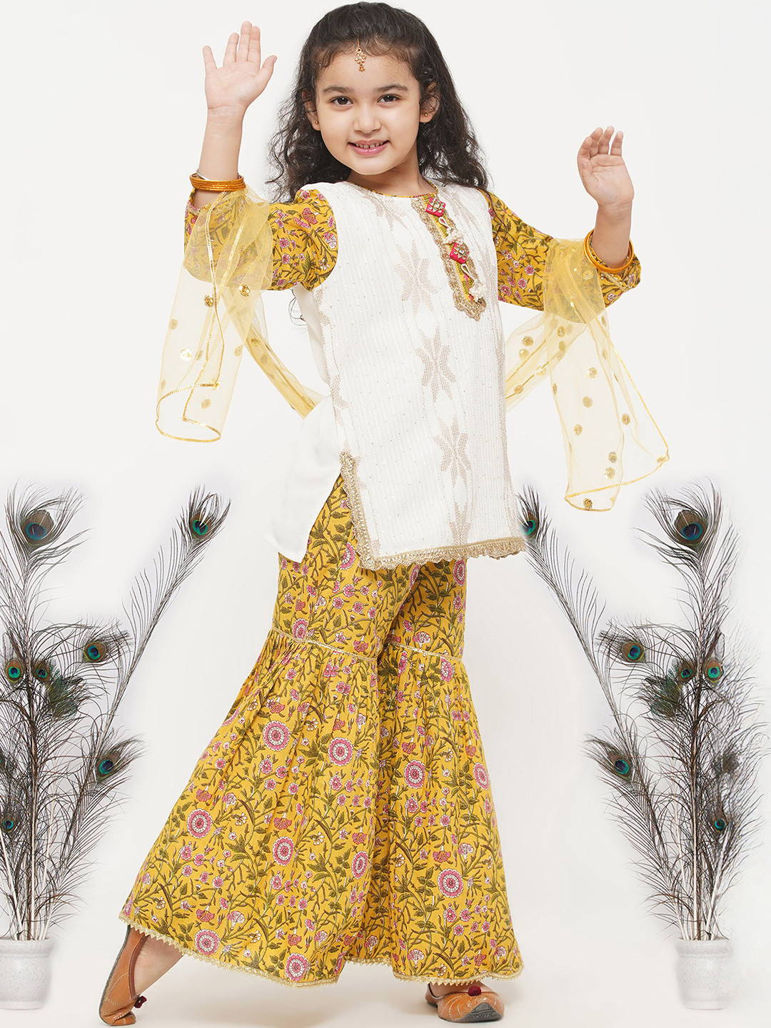 Little Bansi Girls Yellow Embroidered Pure Cotton Kurta with Sharara & With Dupatta
