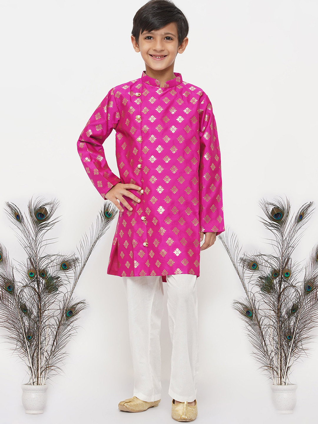 Little Bansi Boys Magenta Floral Printed Angrakha Pure Silk Kurta with Trouser