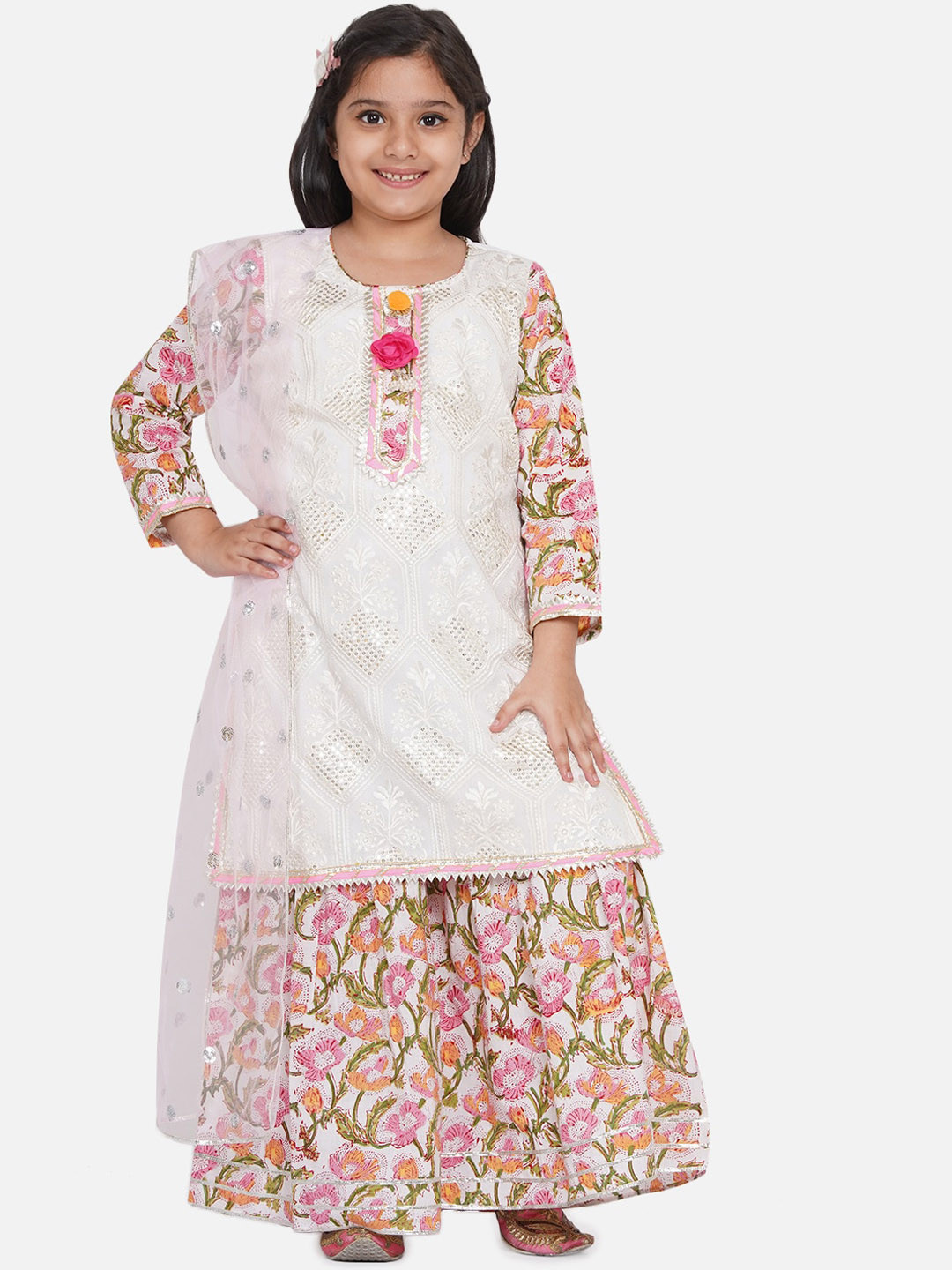 Little Bansi Girls White Floral Embroidered Sequinned Pure Cotton Kurta Set