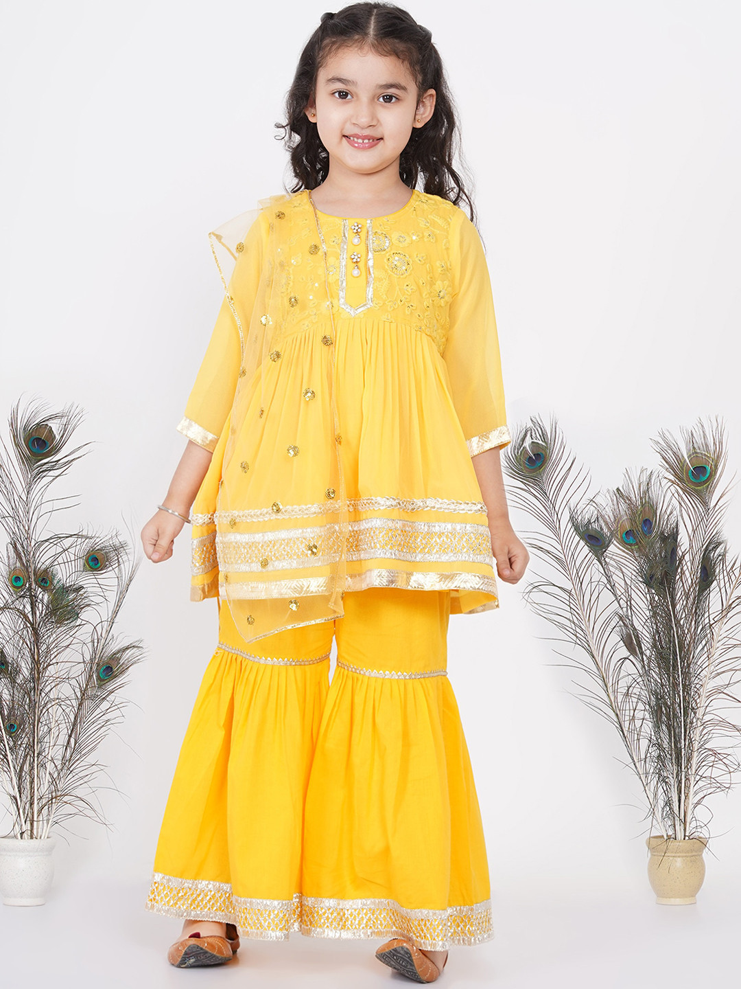 Little Bansi Gotta Patti Embroidered Floral Georgette Kurta Sharara Set With Dupatta