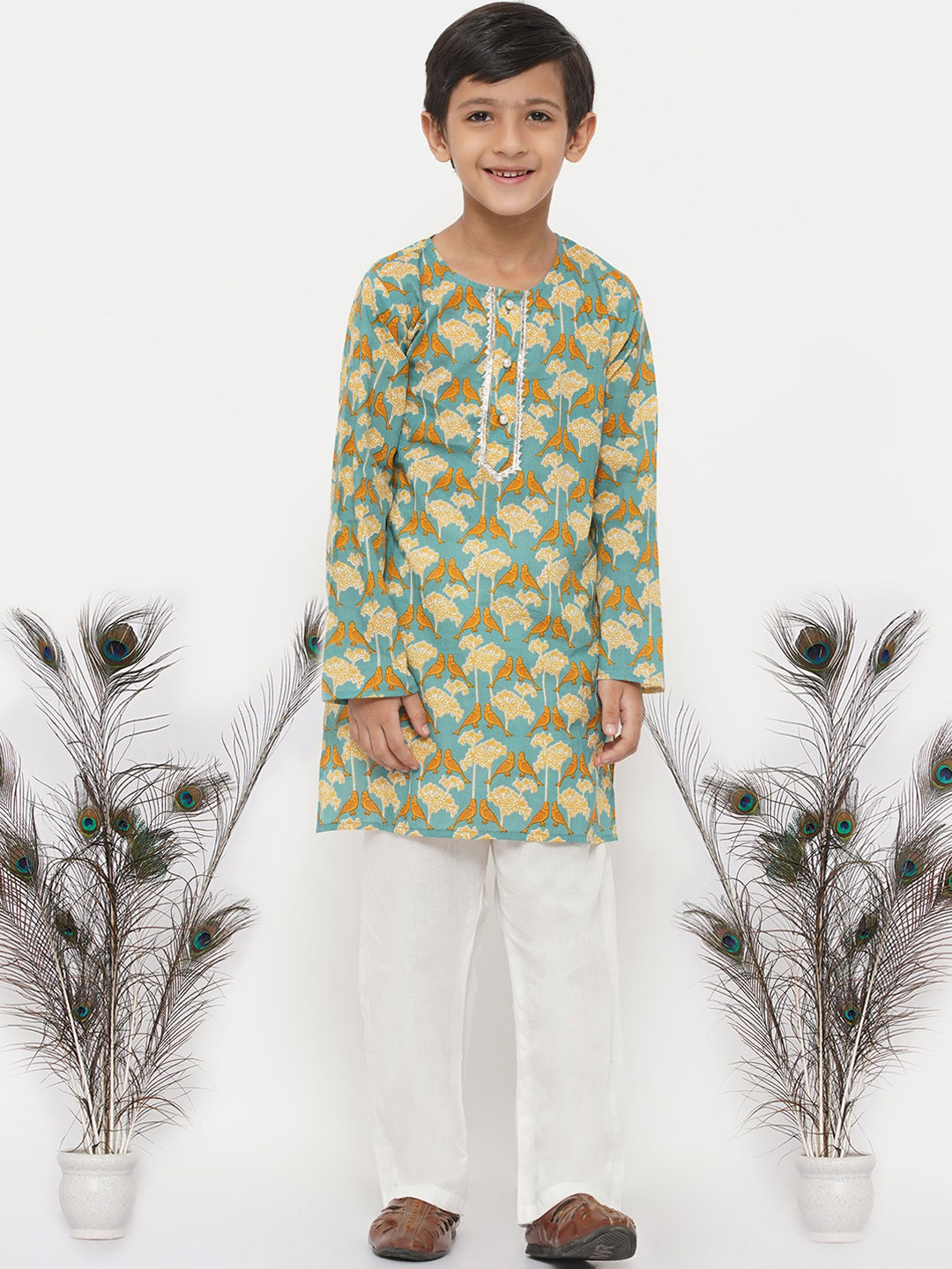 Little Bansi Boys Blue Animal Pure Cotton Kurta with Pyjamas
