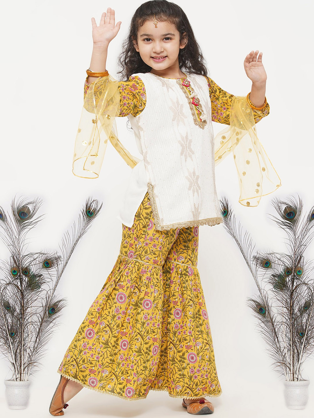 Little Bansi Girls White Floral Embroidered Pure Cotton Kurta with Sharara & With Dupatta
