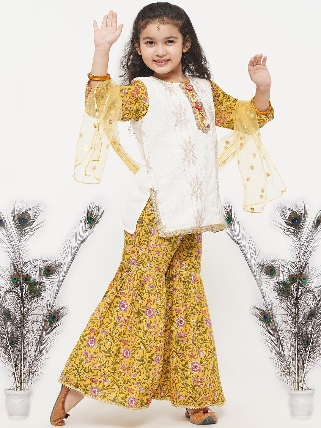 Little Bansi Girls White Floral Embroidered Pure Cotton Kurta with Sharara & With Dupatta