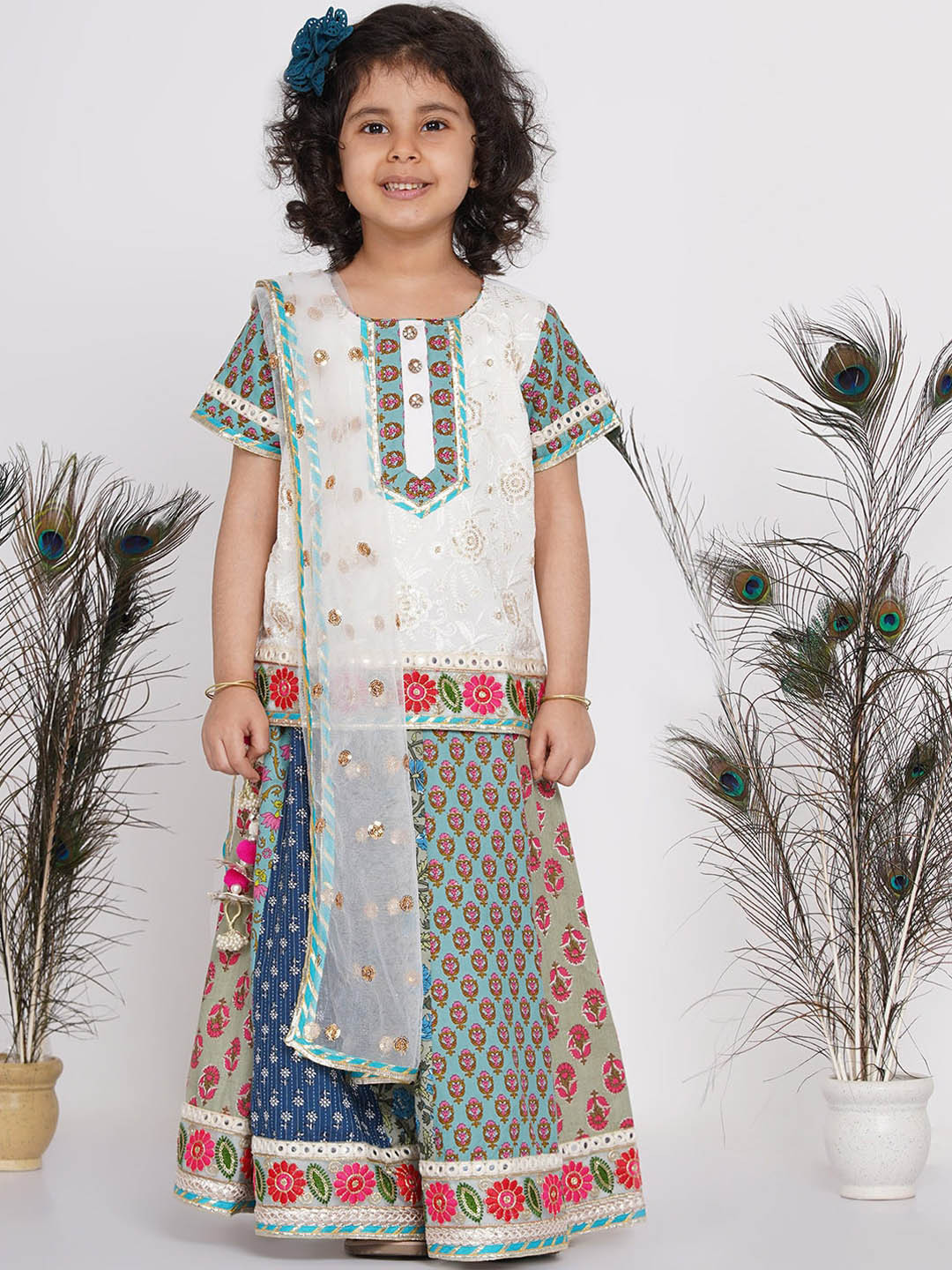Little Bansi Girls White Embroidered Pure Cotton Kurta with Skirt & Duppata