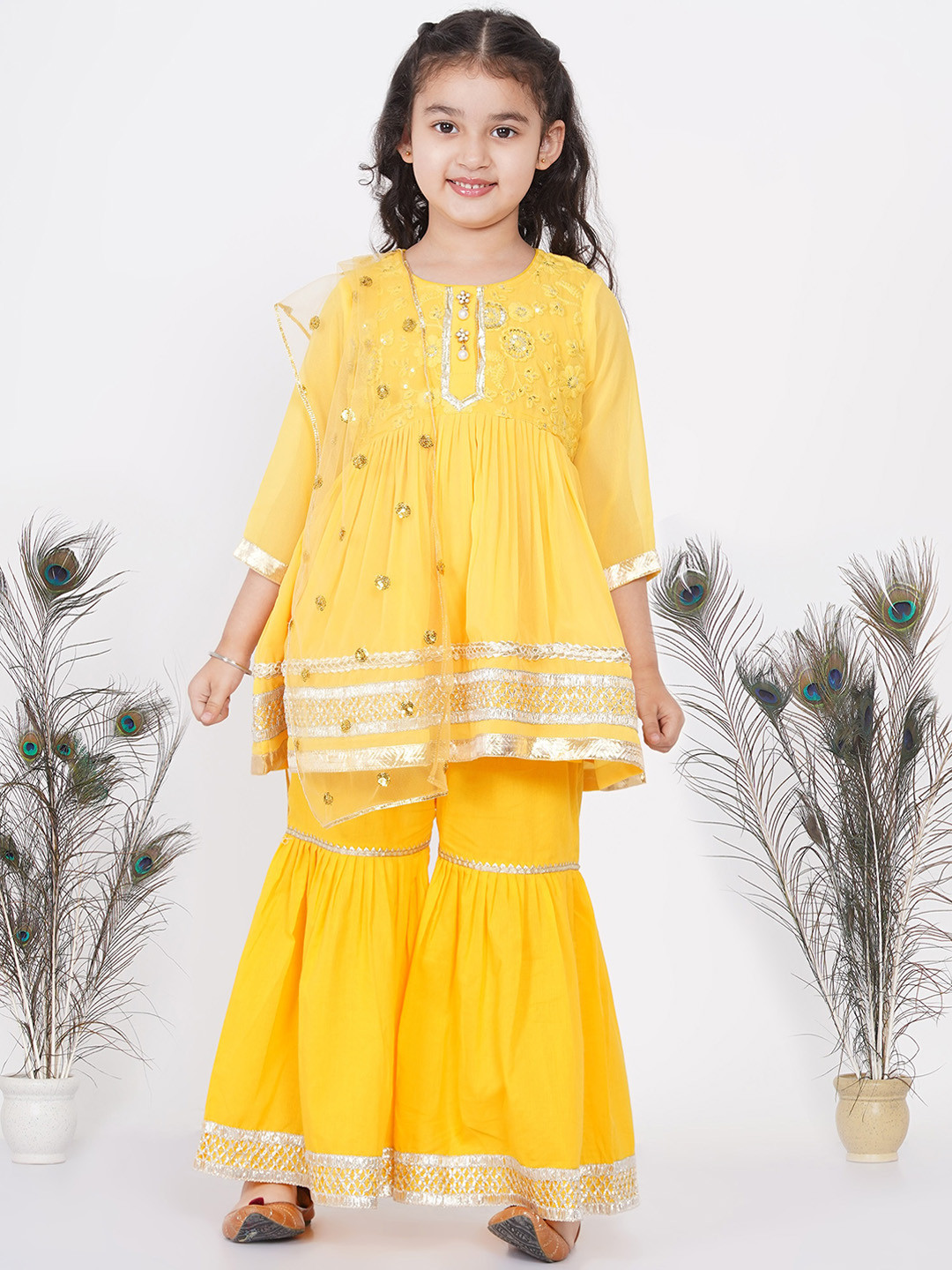 Little Bansi Girls Yellow Floral Embroidered Gotta Patti Pure Cotton Kurta with Sharara & With Dupatta