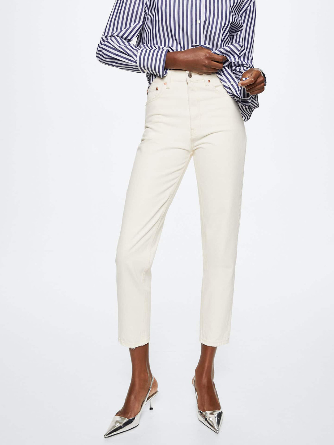 MANGO Women White Pure Cotton High-Rise Stretchable Mom Fit Jeans
