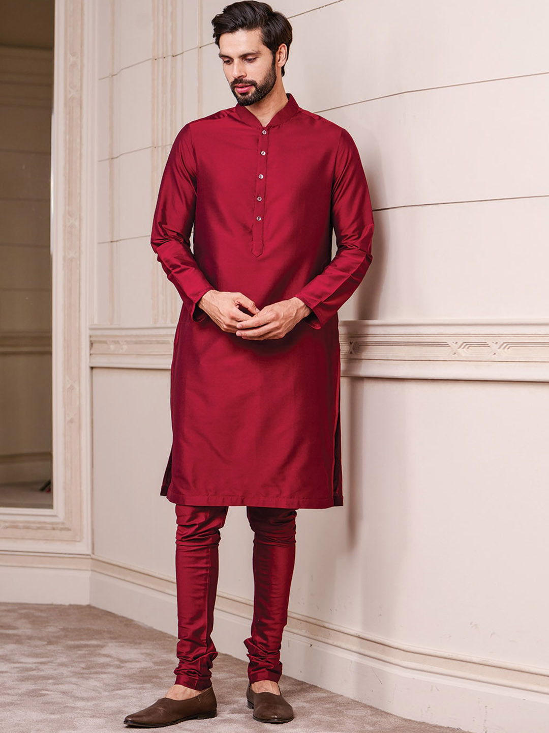 Tasva Men Red Solid Zero Point Collar Kurta