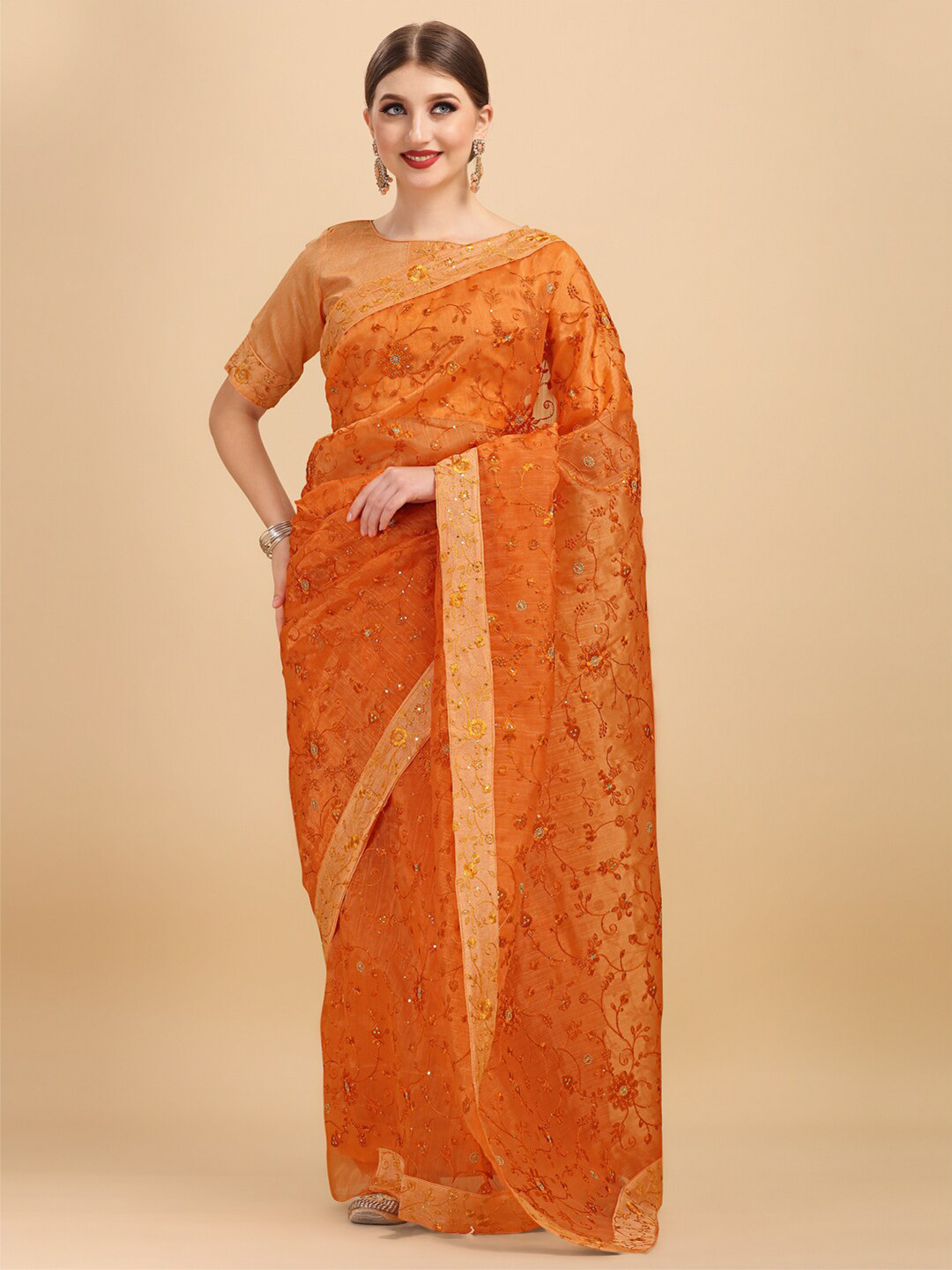 Sangria Orange & Gold-Toned Floral Beads and Stones Organza Saree