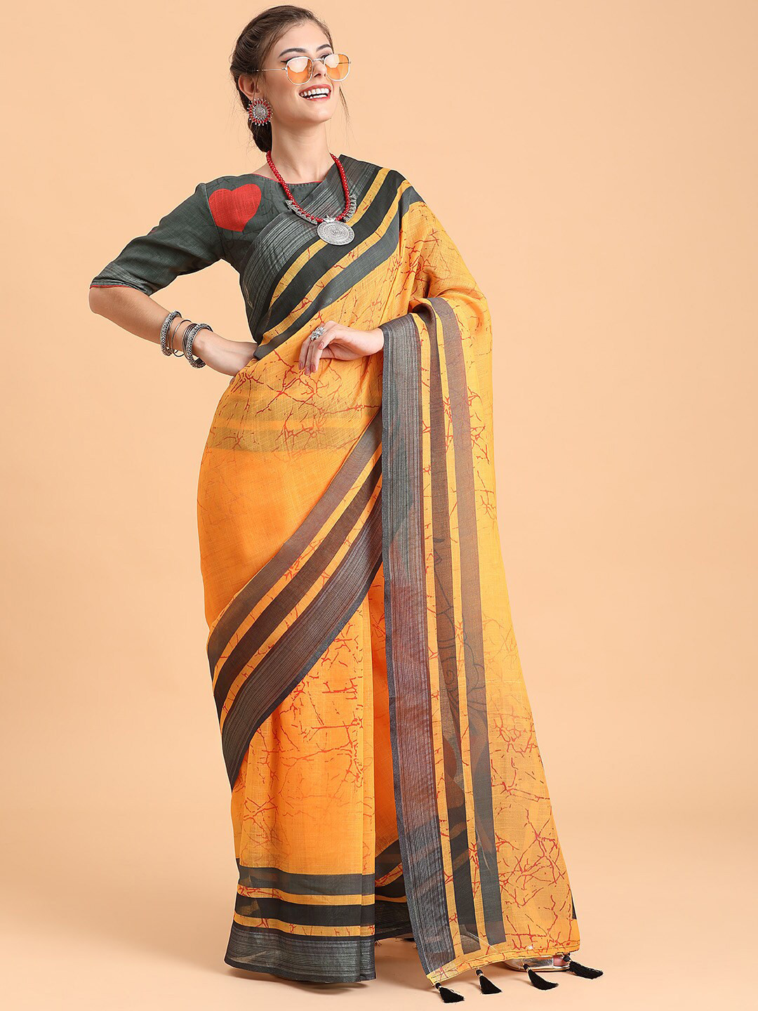 Sangria Mustard & Grey Pure Linen Saree