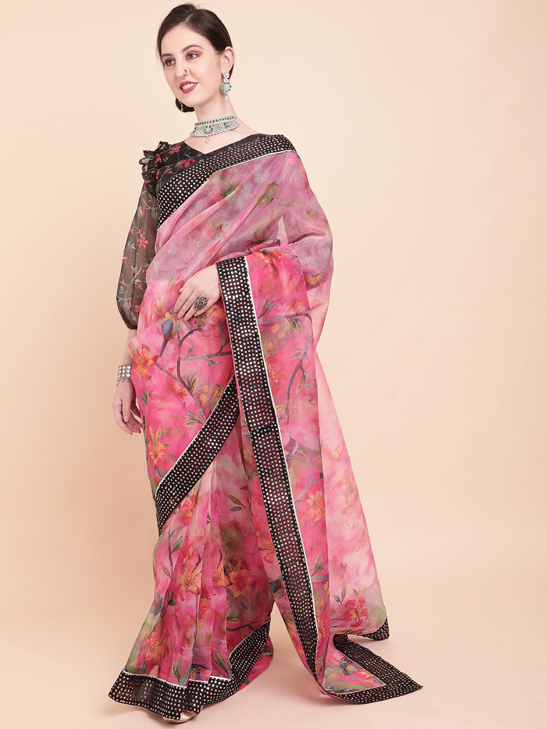 Sangria Women Rose And Black Floral Printed Sequins Embellished Border Organza Saree