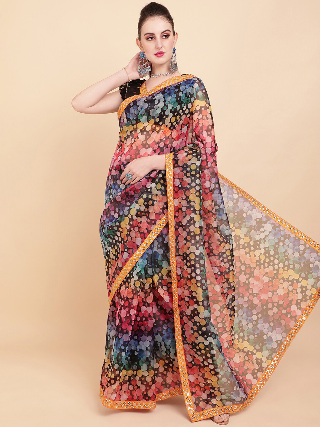 Sangria Women Multicolor Geometric Print Lace Border Organza Saree