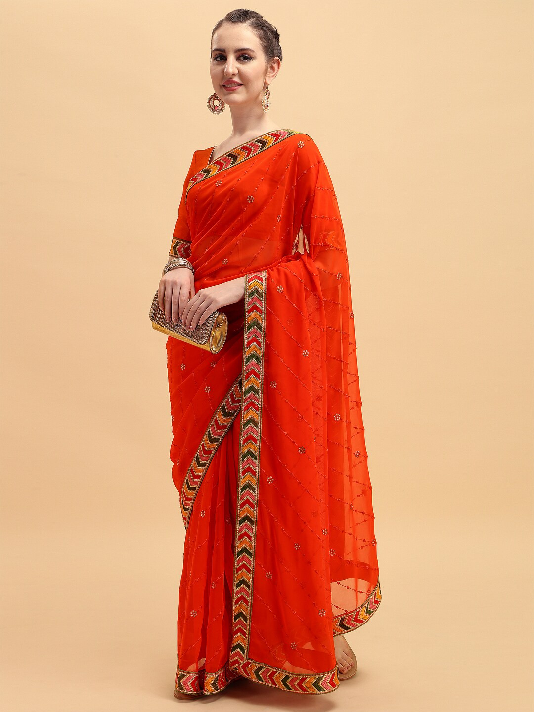 Sangria Women Orange Embroidered Heavy Border Pure Georgette Saree