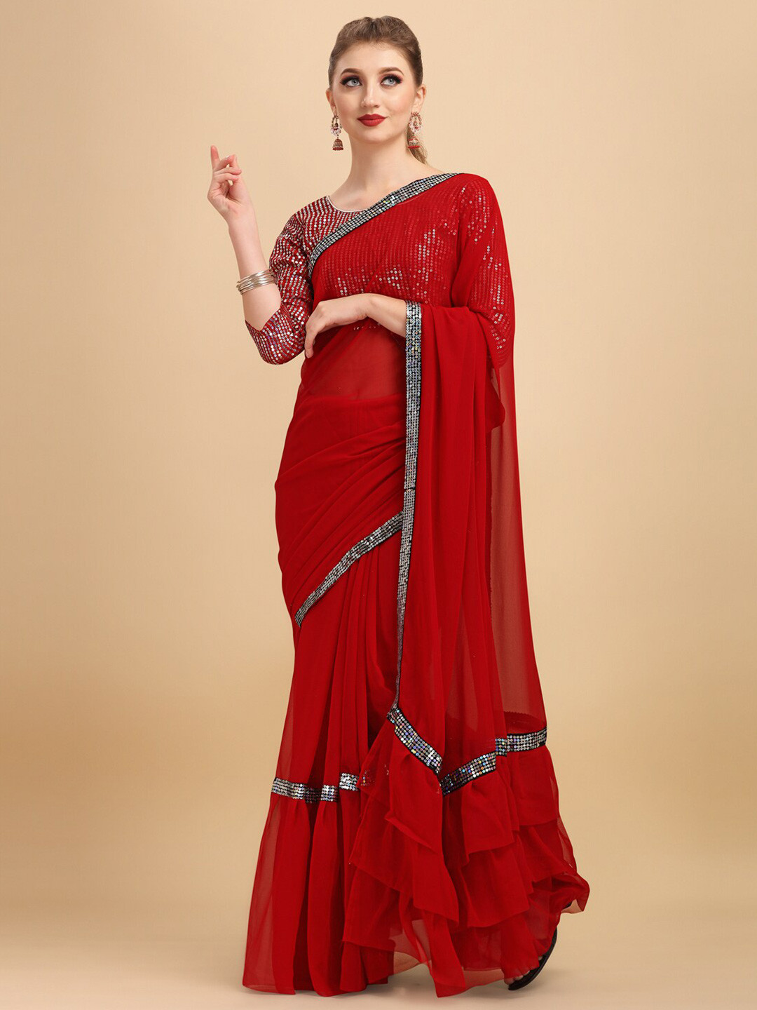 Sangria Red & Black Sequinned Pure Georgette Heavy Work Saree