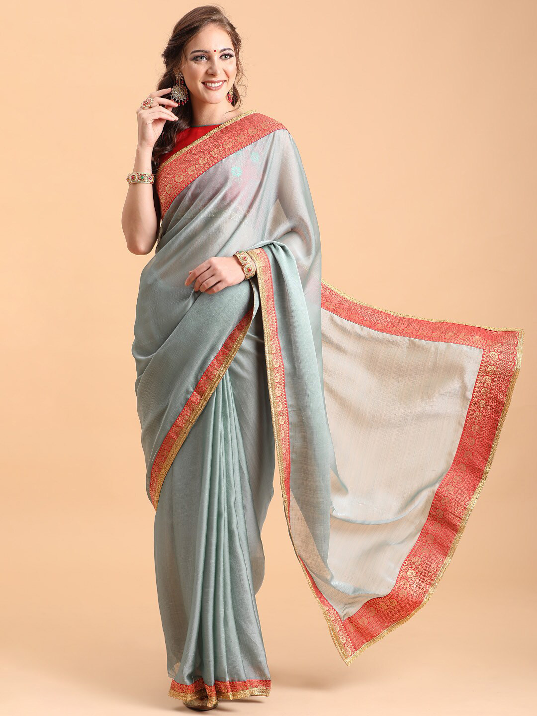 Sangria Grey Melange & Red Zari Silk Blend Saree