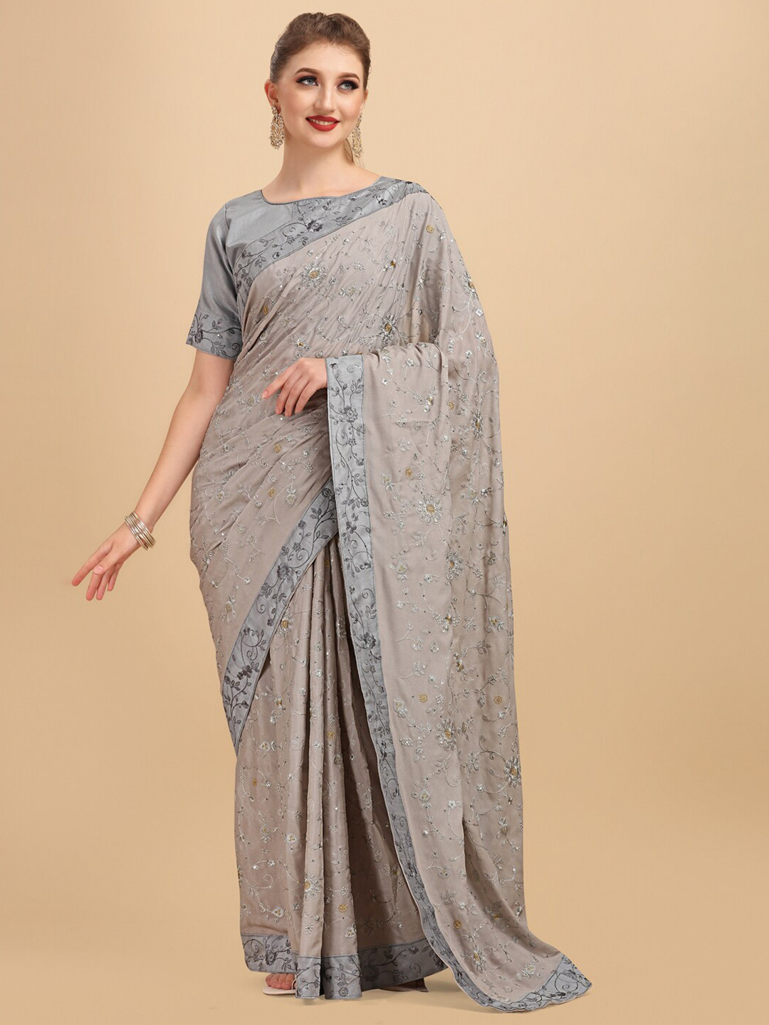 Sangria Grey & Silver-Toned Floral Embroidered Silk Blend Heavy Work Saree