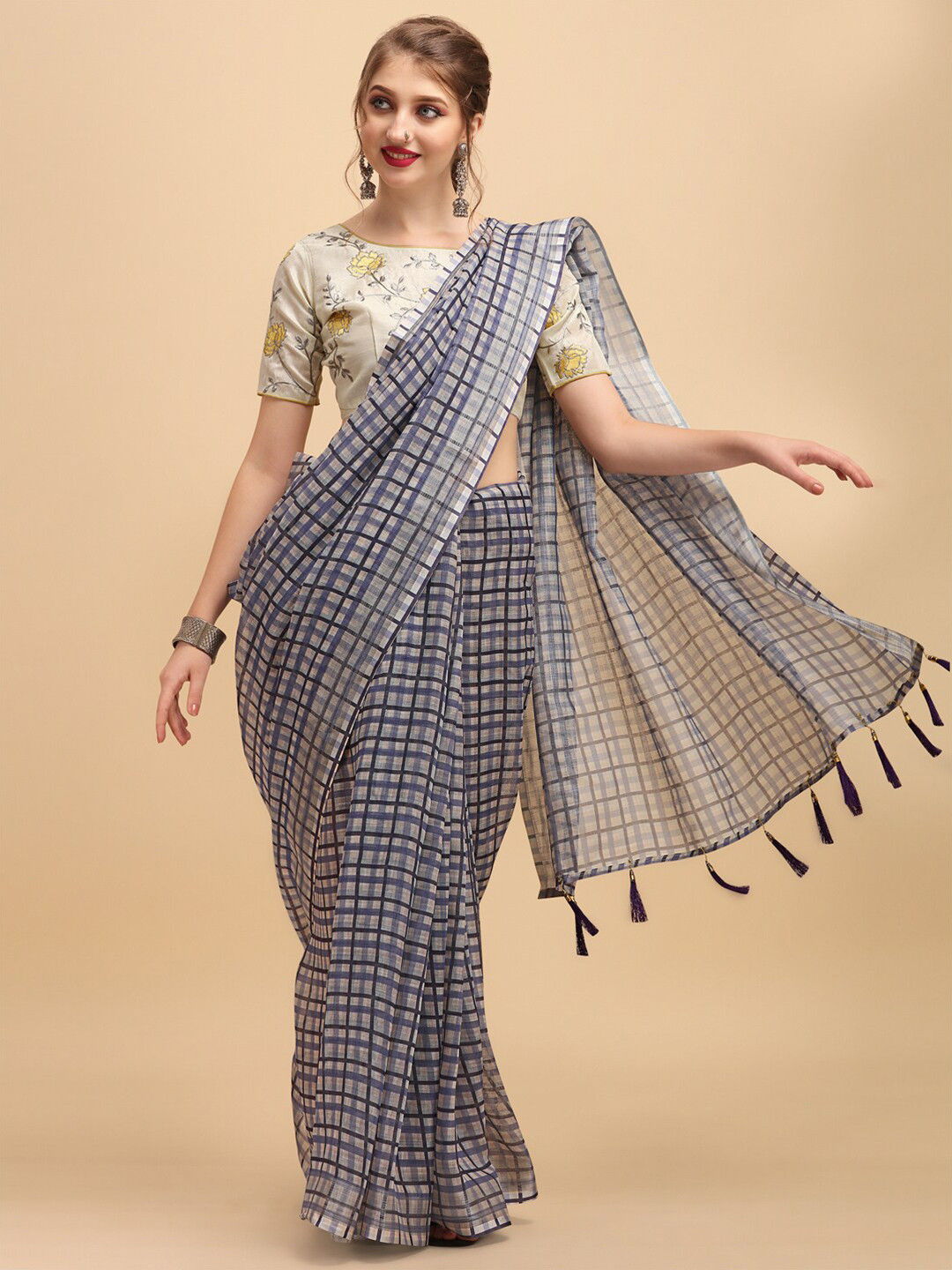 Sangria Grey Checked Pure Linen Saree