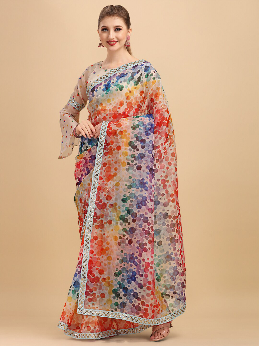 Sangria Cream-Coloured & Red Sequinned Organza Saree