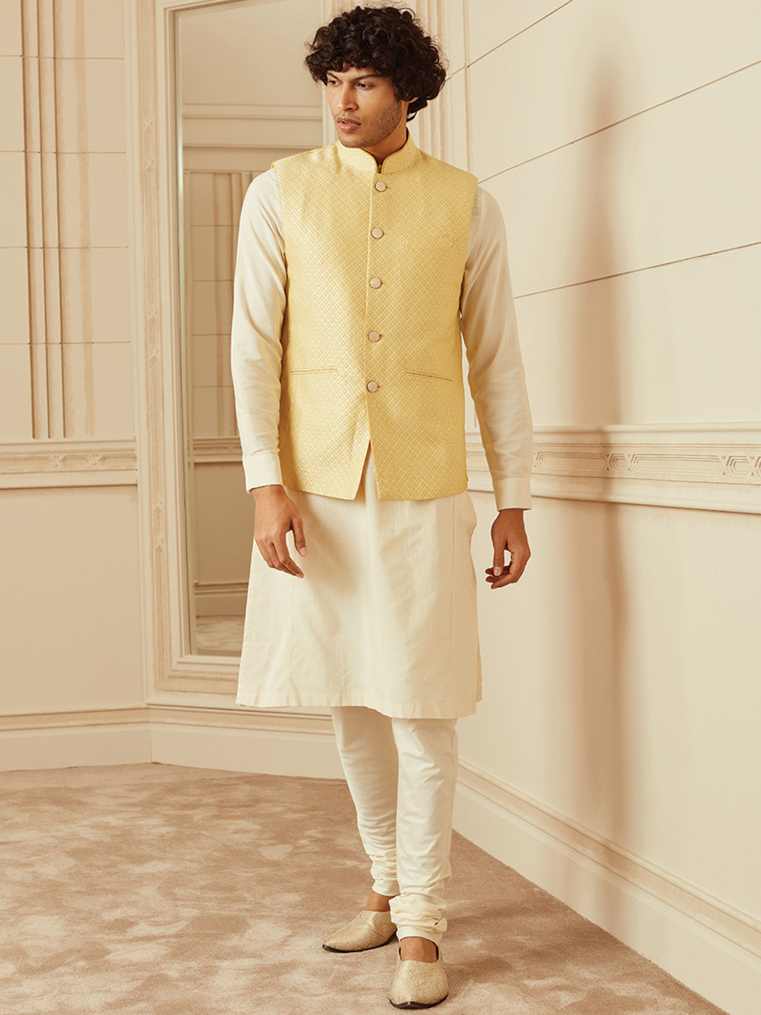 Tasva Men Yellow Self-Design Jacquard Bundi Jacket