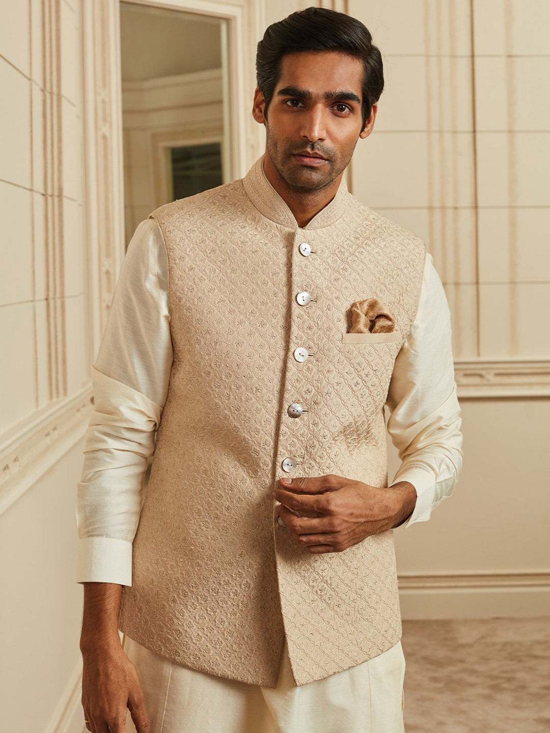 Tasva Men Beige Quilted Woven Design Silk Nehru Jacket
