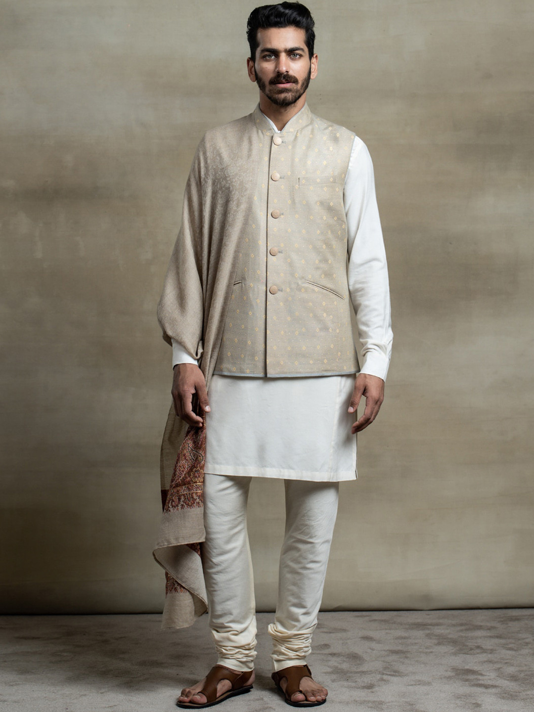 Tasva Men Grey Woven Design Brocade Nehru Jacket