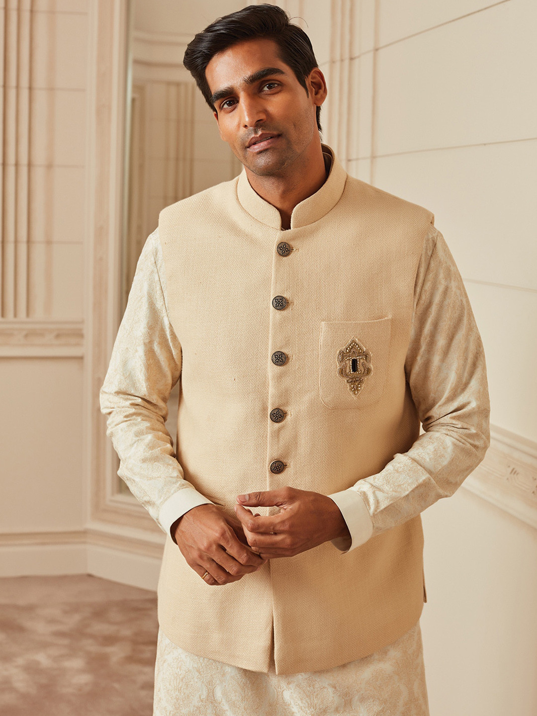 Tasva Men Beige Cotton Dori Embroidered Nehru Jacket with Zardozi Pocket Detailing