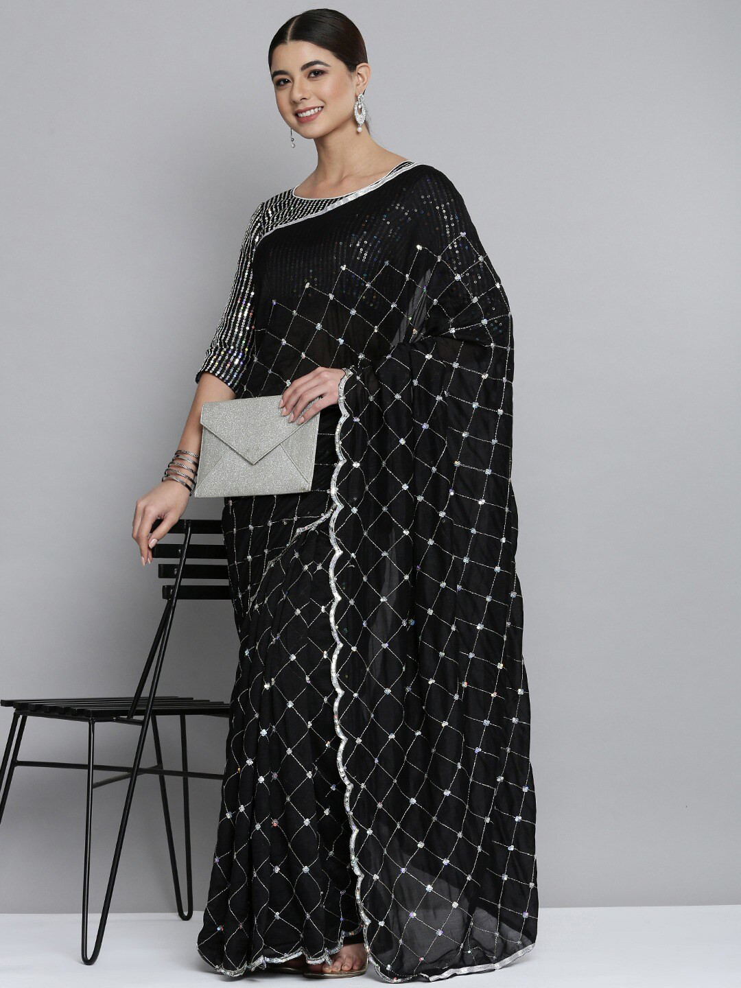 Sangria Black & White Embellished Sequinned Silk Blend Heavy Work Saree