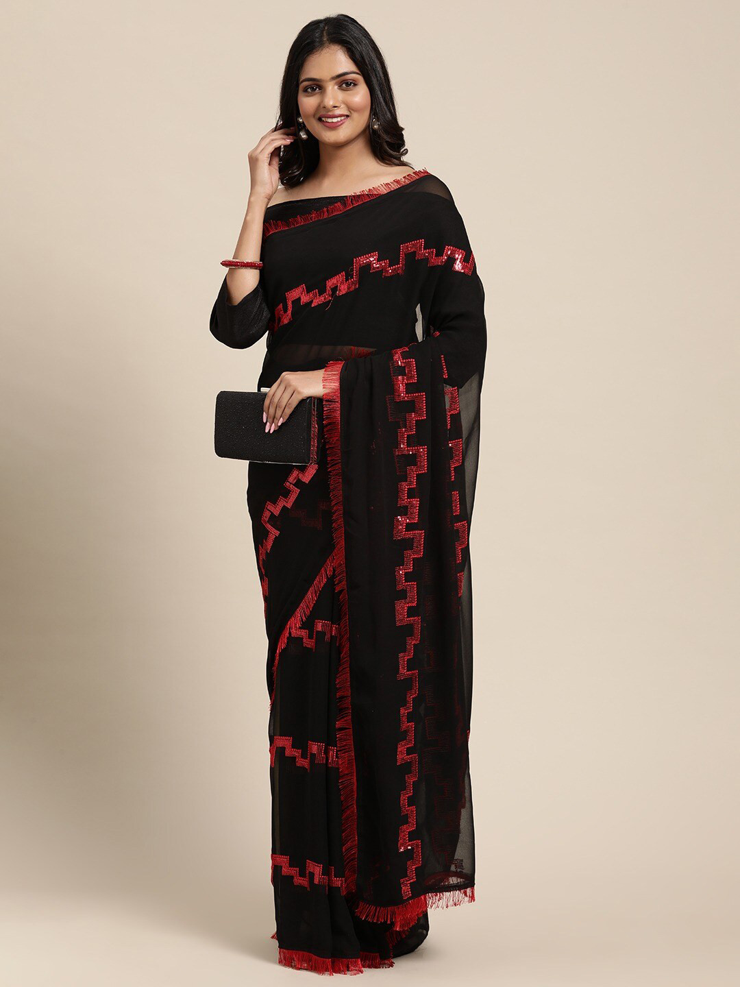 Sangria Black & Red Embellished Sequinned Pure Georgette Heavy Work Saree