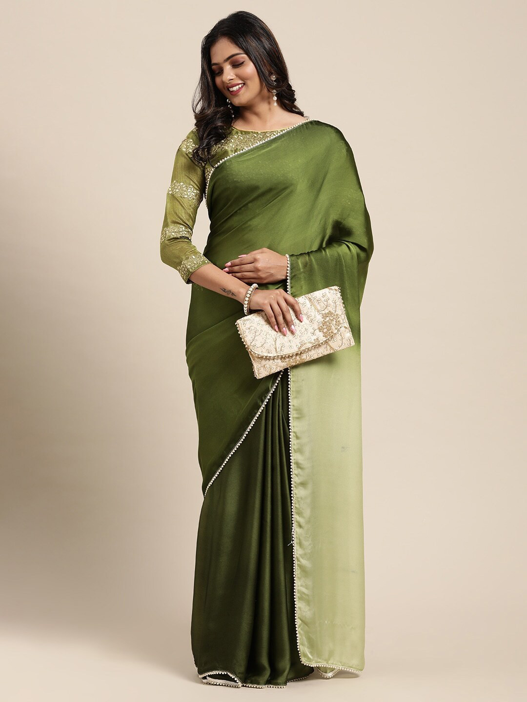 Sangria Olive Green Satin Saree