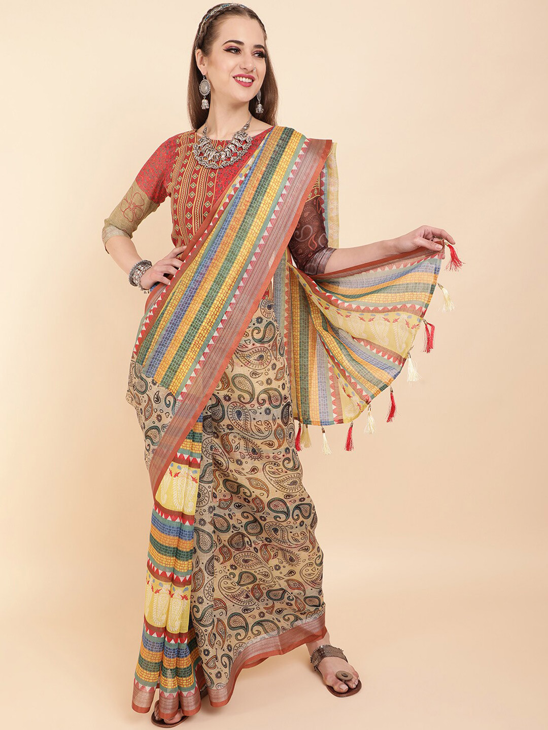 Sangria Mustard & Coral Paisley Pure Linen Heavy Work Saree