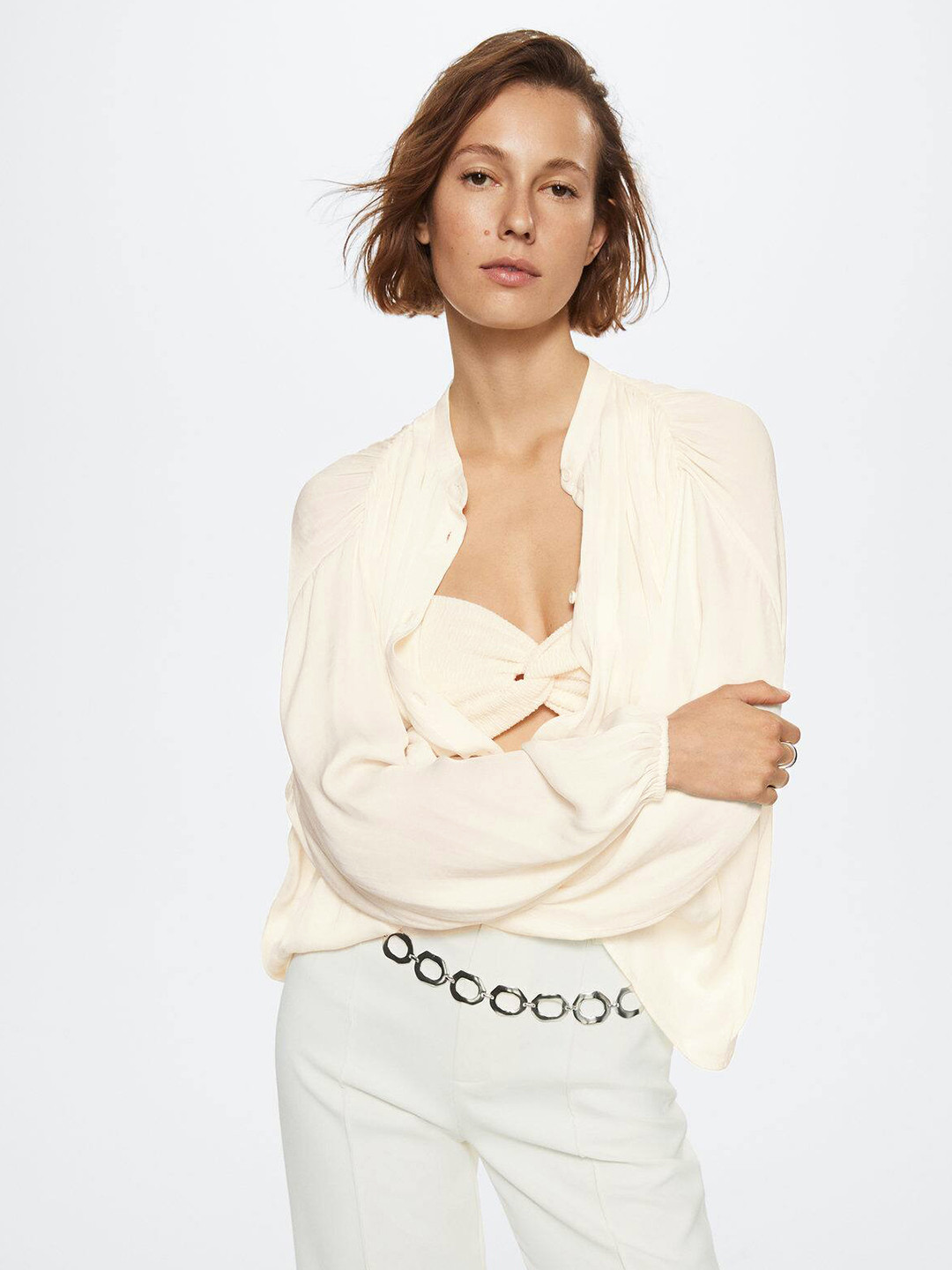 MANGO Off White Mandarin Collar Shirt Style Top