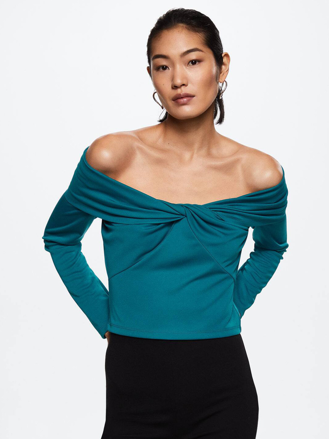 MANGO Teal Off-Shoulder Twisted Bardot Top