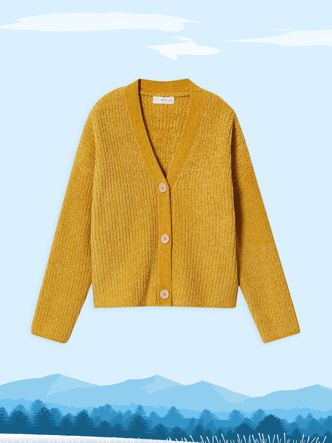 Mango Kids Girls Mustard Yellow Solid V-Neck Drop Shoulder Sleeves Cardigan