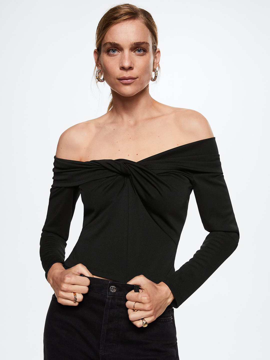 MANGO Black Off-Shoulder Twisted Bardot Sustainable Top