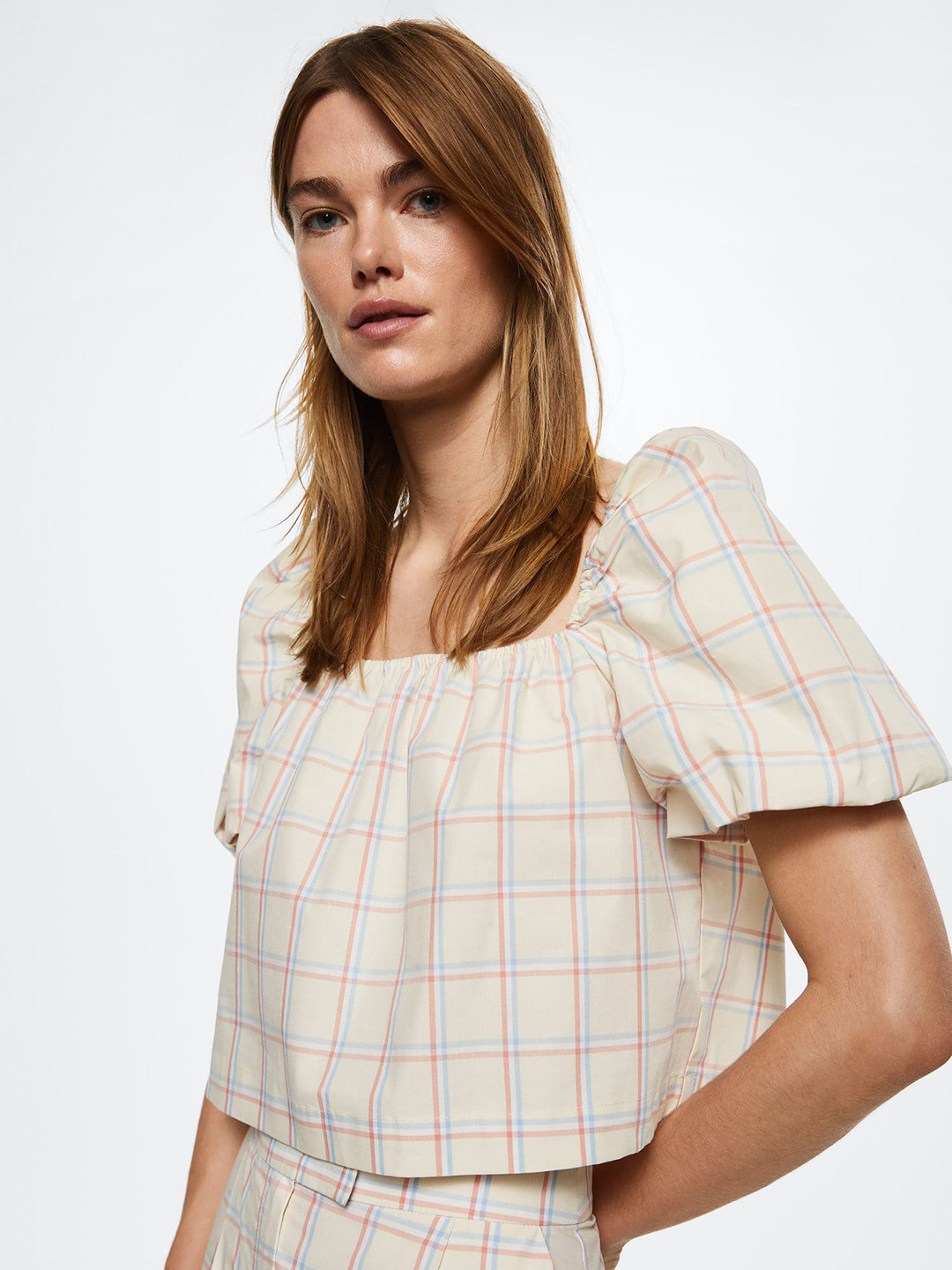 MANGO Beige & Red Checked Top