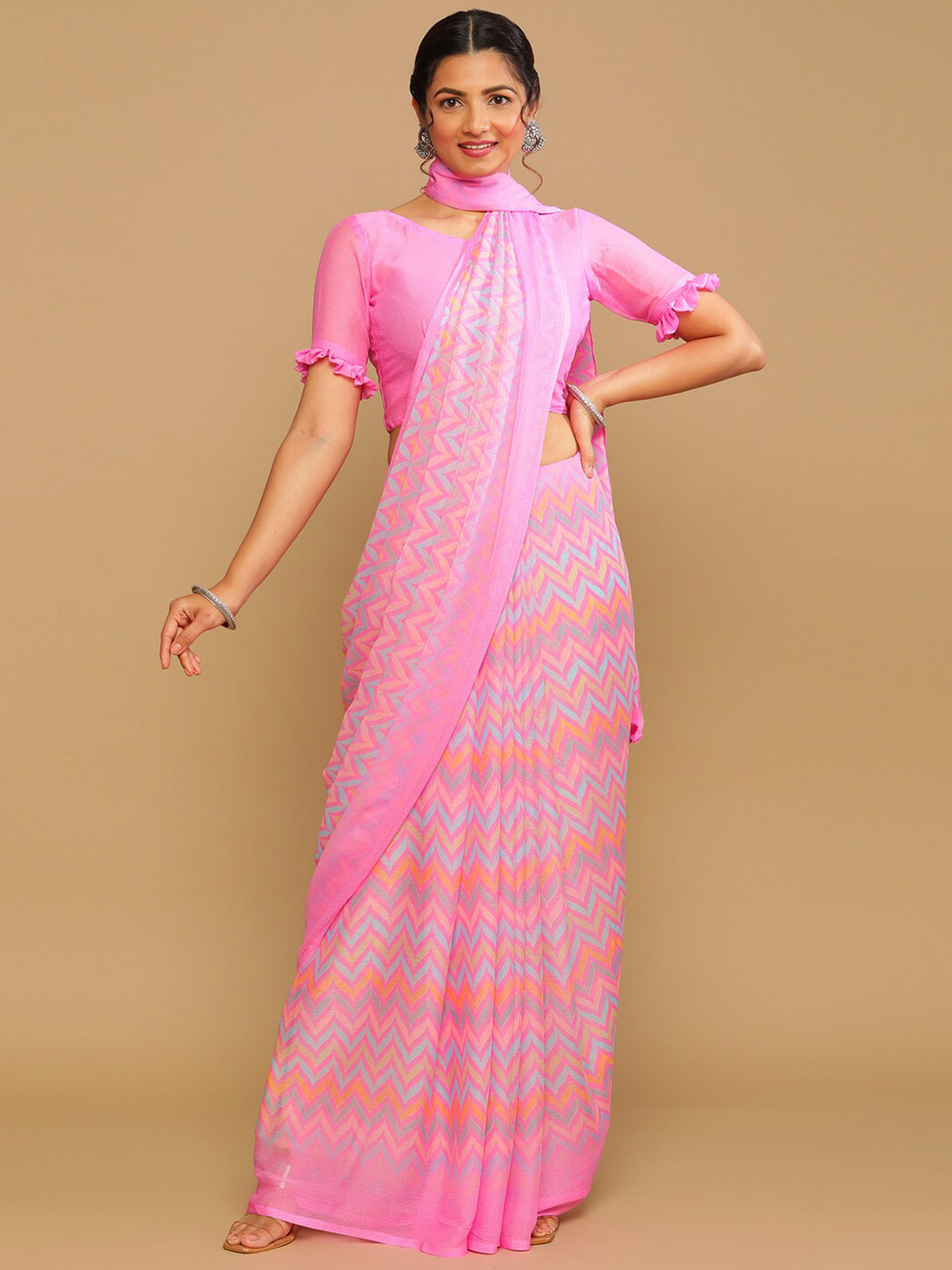 Satrani Pink & Orange Poly Chiffon Printed Saree
