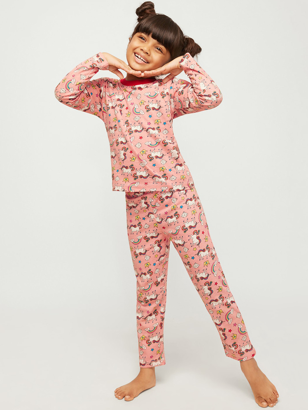 frangipani Girls Pink & Yellow Printed Cotton Night suit