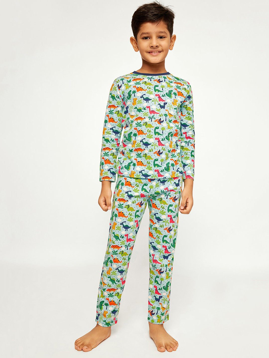 frangipani Boys Green & Pink Printed Pure Cotton Nightsuit