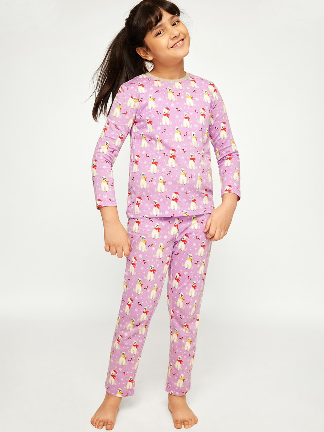 frangipani Girls Purple & White Polar Bear Printed Cotton Night suit Set PJL40-1