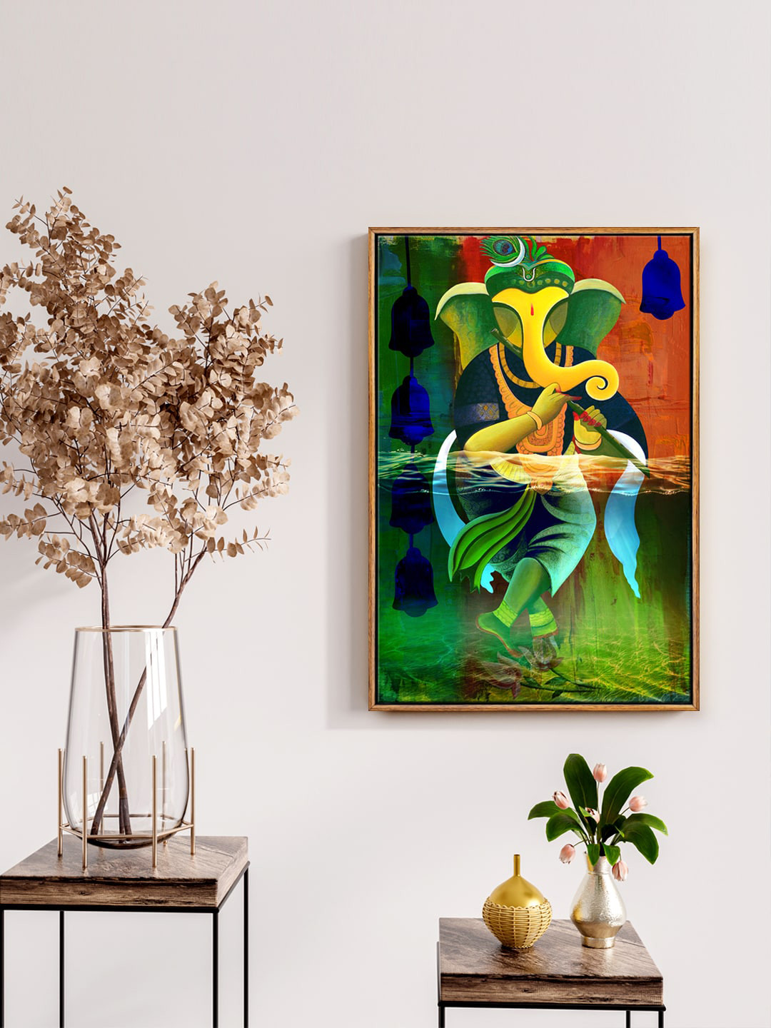 999Store Green Lord Ganesha playing flute in the water Wall Painting