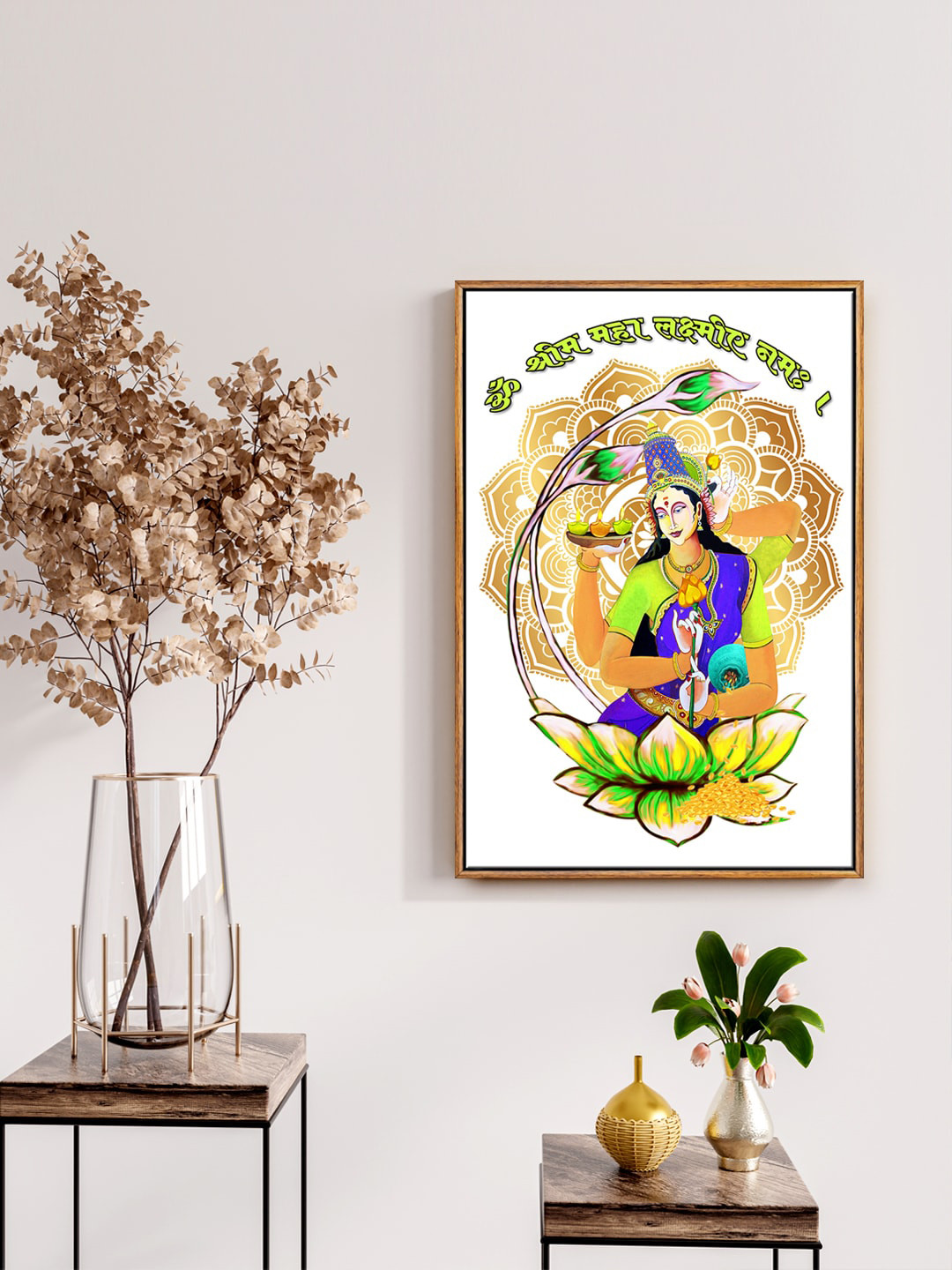 999Store White & Brown om Vishnu Priyaye Namo Namah Mantra Canvas Wall Art